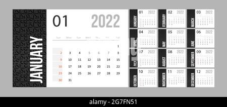 2022 modello di calendario. Business planner monocromatico in stile minimalista. La settimana inizia dalla domenica. Illustrazione vettoriale piatta Illustrazione Vettoriale