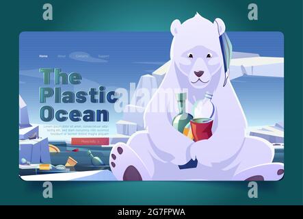 Pianerottolo in plastica con orso polare e sigillo sul ghiacciaio e spazzatura che galleggia in mare. Volantini vettoriali di inquinamento oceanico con cartoni animati illustrazione di animali artici selvatici, rifiuti e rifiuti Illustrazione Vettoriale