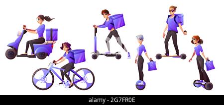 Servizio di consegna lavoratori che guidano bici elettrica di trasporto, scooter, hoverboard e monowheel. Corrieri uomini e donne in uniforme spedizione di cibo, merci e pacchi, Cartoon vettore illustrazione, set Illustrazione Vettoriale