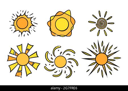 Set di sole gialli disegnati a mano. Raggi solari colorati con travi in stile doodle. Immagine vettoriale in bianco e nero isolata su sfondo bianco Illustrazione Vettoriale