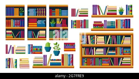 Librerie con bestseller da leggere. Pile di libri con scaffali, scaffali e casse. Illustrazione vettoriale cartoon isolata su sfondo bianco Illustrazione Vettoriale