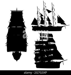 Set con silhouette di vintage barca a vela in diverse posizioni isolate su sfondo bianco. Illustrazione vettoriale. Illustrazione Vettoriale