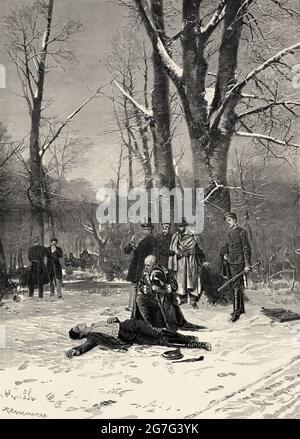 Due uomini che duellano alla morte con pistole. Antica illustrazione del 19 ° secolo inciso da El Mundo Ilustrado 1880 Foto Stock
