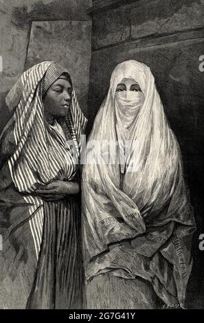 Donne tunisine vestite in costume tradizionale, Tunisia. Africa. Antica illustrazione del 19 ° secolo inciso da El Mundo Ilustrado 1880 Foto Stock