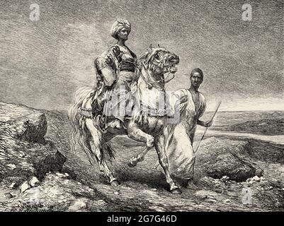 Nobile arabo a cavallo guidato dal suo servo, Egitto, Nord Africa. Antica illustrazione del 19 ° secolo inciso da El Mundo Ilustrado 1880 Foto Stock