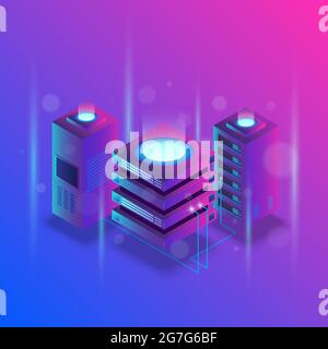 Concetto di elaborazione dei big data, stazione energetica del futuro, rack per sala server, illustrazione vettoriale isometrica del data center Illustrazione Vettoriale