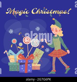 Carino Elf ragazza di Natale in bandiera o modello di scheda, piatto vettore illustrazione. Illustrazione Vettoriale