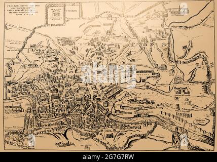 Una mappa cinquecentesca della città di Roma, Italia, che mostra i principali monumenti, edifici e nomi in latino, nel 1570 Foto Stock