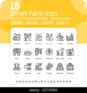 Icona della smart farm vettoriale isolata su sfondo bianco. Illustrazione simboli di linee generali di tecnologia agricoltura, concetto di gestione degli agricoltori innovazione Illustrazione Vettoriale