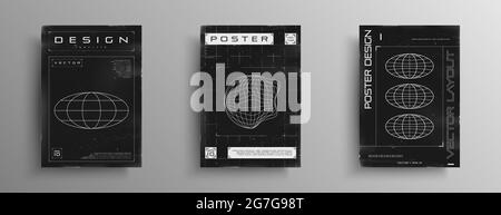 Set di poster retrofuturistici con elementi HUD, griglia laser, pianeta distorto con liquido a reticolo e pianeta ellisse. Retro in bianco e nero Illustrazione Vettoriale
