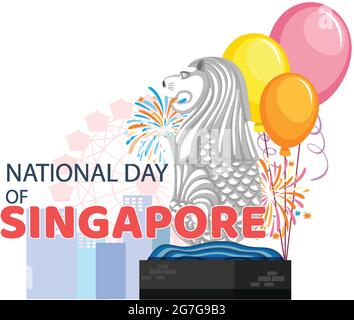 Bandiera della Giornata Nazionale di Singapore con mascotte ufficiale Merlion dell'illustrazione di Singapore Illustrazione Vettoriale
