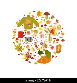 Accessori per un autunno accogliente a forma di cerchio. Un insieme di immagini vettoriali in stile piatto sul tema delle vacanze e delle passeggiate autunnali, una macchina fotografica, abiti caldi Illustrazione Vettoriale