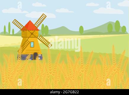 Campo di grano. Paesaggio rurale con un mulino a vento. Illustrazione vettoriale Illustrazione Vettoriale