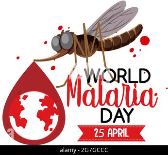 Logo o banner della Giornata Mondiale della malaria con zanzara su sfondo bianco Illustrazione Vettoriale