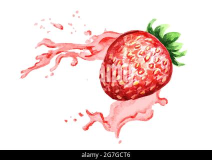 Fragola fresca in uno spruzzo di succo di fragola isolato su sfondo bianco. Illustrazione disegnata a mano con acquerello Foto Stock