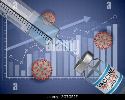 Siringa, vaccino e coronavirus sullo sfondo del grafico. rendering 3d. Foto Stock