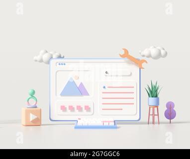 Sviluppo Web 3D, progettazione di applicazioni, codifica e programmazione sul concetto di laptop Foto Stock