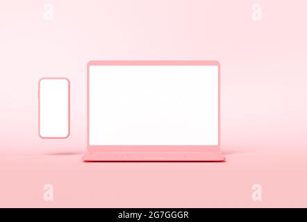 pc notebook e smartphone rosa con schermo vuoto su sfondo rosa. mockup di laptop e telefoni cellulari per banner, pubblicità. Illus 3D Foto Stock