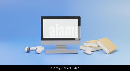 Computer di rendering 3D con mouse e tastiera e libro e-learning concetto di formazione online copy space background Foto Stock