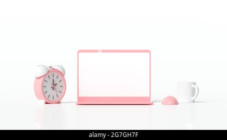 illustrazione 3d scena minima del laptop con schermo bianco vuoto e sveglia, tazza da caffè su sfondo bianco Foto Stock