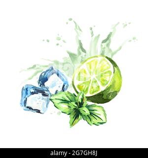 Cubetti di ghiaccio, foglie di menta, spruzzi d'acqua e calce isolati su sfondo bianco. Illustrazione disegnata a mano con acquerello Foto Stock