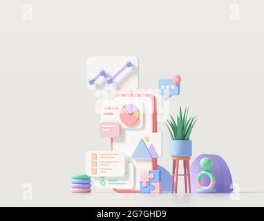 Sviluppo minimo di app mobili 3D e concetto di web design mobile, ottimizzazione dell'interfaccia utente. Illustrazione del rendering 3D Foto Stock