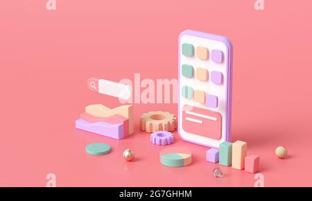 Tecnologie di sviluppo, programmazione e codifica di applicazioni isometriche 3D. Per il concetto di piattaforma smartphone. Illustrazione del rendering 3D Foto Stock