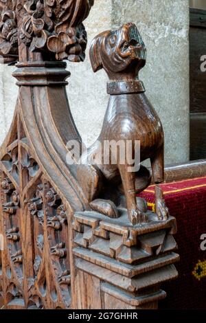 Scolpito panca plancare dettaglio finale di cane baying, St Mary's Church, Dennington, Suffolk, Regno Unito Foto Stock