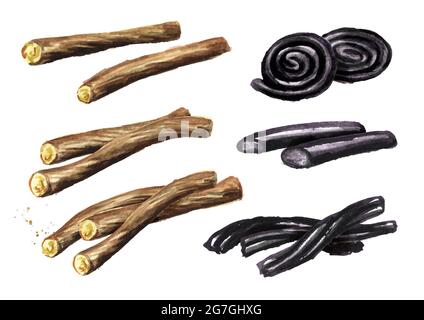 Set di caramelle alla radice di liquirizia e liquirizia. Immagine disegnata a mano con acquerello isolata su sfondo bianco Foto Stock
