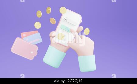 Rendering 3D, concetto di risparmio. Trasferimento di denaro alla banca del telefono cellulare. Portafoglio, monete, carta di credito Foto Stock