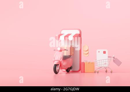 Concetto di servizio di consegna rapida 3D. Shopping online e spedizione gratuita su sfondo rosa. Illustrazione del rendering 3D. Foto Stock