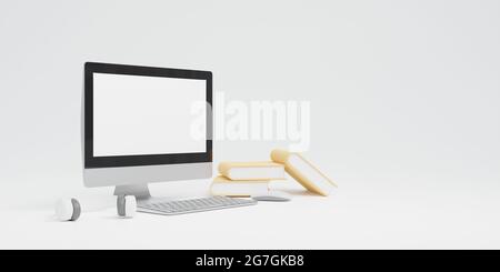 Computer di rendering 3D con mouse e tastiera e libro concetto di formazione online e-learning - sfondo monocromatico spazio di copia tono Foto Stock