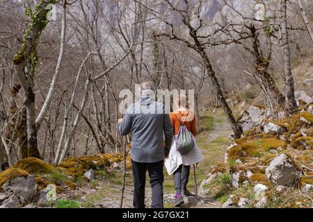 Vista posteriore di un uomo dai capelli grigi irriconoscibile con bastone che abbraccia la donna mentre si trova di fronte all'alta catena montuosa Pico de Europa e agli ammiriri Foto Stock
