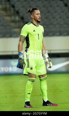 13 luglio 2021 - Yongin, Corea del Sud : Argentina GK Ledesma Jeremias, cerca la palla durante la partita di calcio maschile di Tokyo 2020 tra la Corea del Sud e l'Argentina allo Stadio Yongin Mireu di Yongin, provincia di Gyeonggi, Corea del Sud, il 13 luglio 2021. Corea del Sud-Argentina punteggio 2-2. (Foto di Lee Young-ho/Sipa USA) Foto Stock