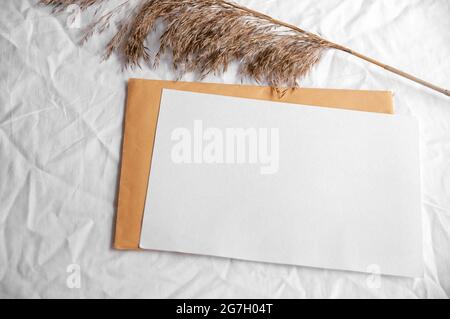 Cartoncino bianco vuoto con busta, pampas erba. Semplice posa piatta minima su tessuto bianco con bianco bianco bianco bianco e lettera gialla Foto Stock