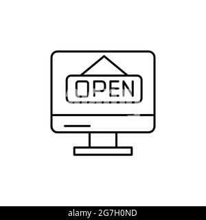 Monitor e-commerce, segno, icona vettoriale aperta. Illustrazione Vettoriale