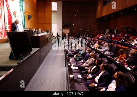 Città del Messico, Messico. 13 luglio 2021. Il Segretario degli interni del Messico, Olga Sanchez Cordero, durante il forum 'basi costituzionali della Quarta trasformazione' nella Camera dei deputati del Messico il 13 luglio 2021 a Città del Messico, Messico. (Foto di Eyepix/Sipa USA) Credit: Sipa USA/Alamy Live News Foto Stock