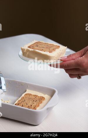 Gelato fatto in casa. Biscotti e crema. Tagliare e mettere su un piatto. Primo piano. Foto Stock