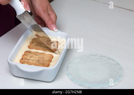 Donna taglia gelato fatto in casa. Biscotti e crema. Primo piano. Foto Stock
