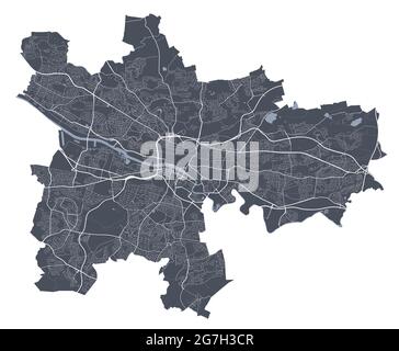 Mappa di Glasgow. Mappa vettoriale dettagliata dell'area amministrativa della città di Glasgow. Poster del paesaggio urbano vista aria metropolitana. Terra scura con strade bianche, strade e. Illustrazione Vettoriale