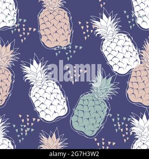 Motivo senza cuciture con eleganti frutti di ananas su sfondo blu. Illustrazione Vettoriale