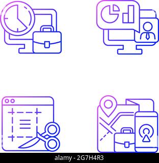 Set di icone vettoriali lineari di gradiente per il monitoraggio del lavoro remoto Illustrazione Vettoriale