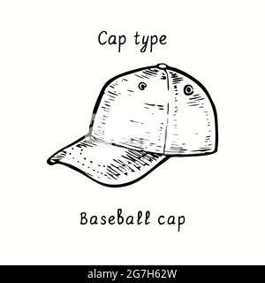 Cappellino da baseball. Inchiostro nero e bianco doodle disegno in legno stile. Foto Stock