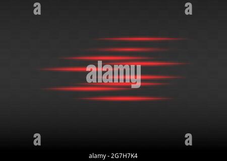 Confezione svasata lente orizzontale rossa. Raggi laser, raggi di luce orizzontali.Beautiful luce flares. Illustrazione Vettoriale