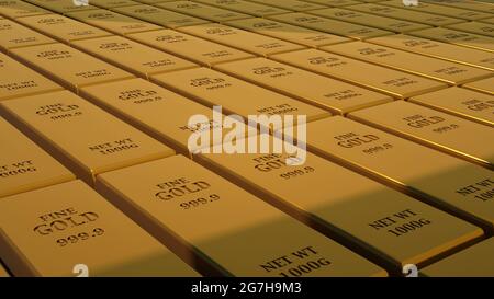 Barra d'oro 1000 grammi del più alto standard, illustrazione 3d. Le barre d'oro sono impilate in file, risparmio, lusso. Foto Stock