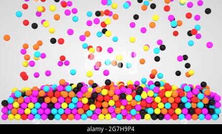immagine 3d, palline colorate su sfondo bianco. Oggetto di illustrazione, un mazzo di palline e bolle in diversi colori. Foto Stock