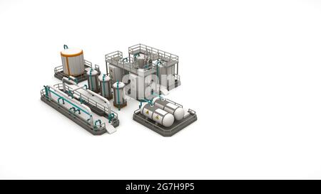 Disposizione della zona della fabbrica, degli impianti di produzione e dello stoccaggio. illustrazione 3d delle attrezzature e delle strutture di fabbrica isolate su sfondo bianco. Foto Stock