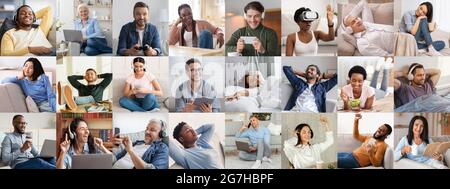 Set di foto di persone diverse che trascorrono il tempo a casa, utilizzando gadget, giocare a videogiochi, sognare, dormire durante il fine settimana, panorama. Immagine creativa f Foto Stock