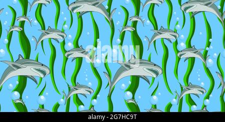 Design luminoso in tessuto infantile. Stampa per tessuti per bambini. Il mondo del mare. Abitanti sottomarini di modelli oceanici. Squalo motivo senza cuciture. Illustrazione Vettoriale