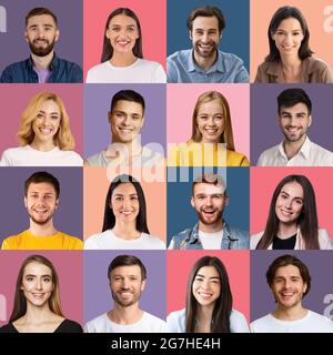 Bella multirazziale uomini e donne che mostrano sani sorrisi bianchi, raccolta di foto closeup, immagine creativa, collage forma quadrata. Hav. Persone felici Foto Stock